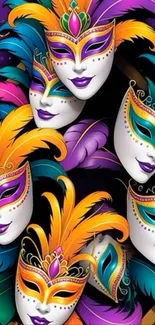 Colorful carnival masks with feathers and jewels on a purple background.