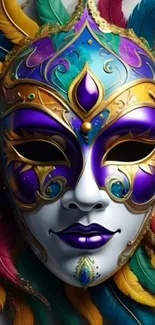 Vibrant carnival mask with colorful feathers.