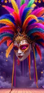 Vibrant carnival mask with colorful feathers against a festive background.
