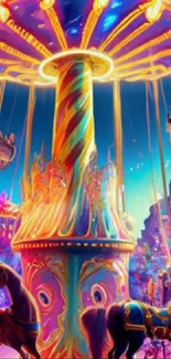 Colorful carousel with bright lights and playful horses in a fantasy setting.