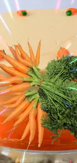 Carrot cake with fresh carrots on top, vibrant and colorful design.