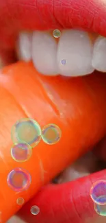 Close-up of red lips with a carrot and colorful bubbles.