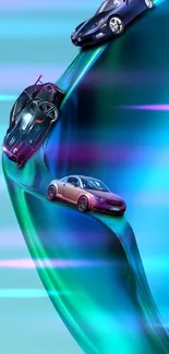 Colorful cars on a blue fluid background mobile wallpaper.