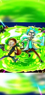 Cartoon characters in a green portal adventure wallpaper.