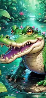 Vibrant cartoon alligator in jungle setting.