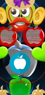 Colorful cartoon apple with abstract design and vibrant elements.