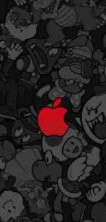 Dark gray cartoon wallpaper with a striking red apple.