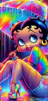 Vibrant cartoon art wallpaper with neon colors and playful character.