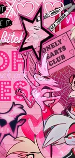 Cartoon-style wallpaper with vibrant pink theme and expressive characters.