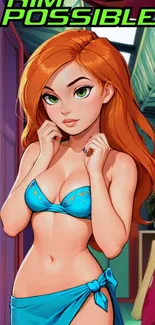 Cartoon girl in blue bikini with red hair in tropical setting.