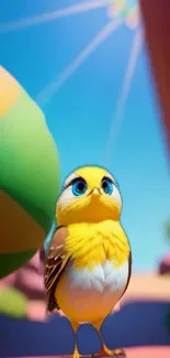 Colorful cartoon bird with blue eyes in a bright landscape.