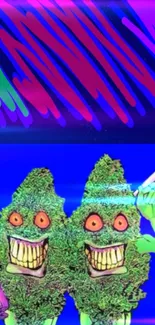 Vibrant cartoon cannabis art with colorful characters on blue background.