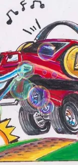 Cartoon car with headphones and sun in vibrant colors.