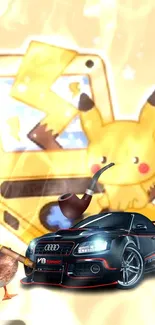 Cartoon Pikachu, sports car, and duck in vibrant wallpaper.