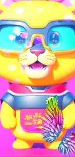 Brightly colored cartoon cat with sunglasses and fun design.