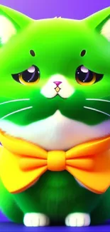 Whimsical green cat with orange bow tie on vibrant background.