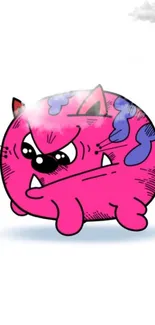 Playful pink cartoon cat with blue splashes on a light background.