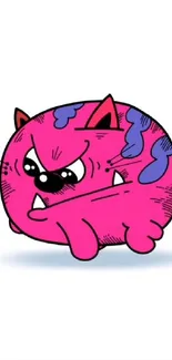 Vibrant pink cartoon cat with purple patches on white background.