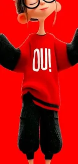 A vibrant cartoon character on a bold red background.