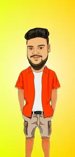 Cartoon character with beard, red shirt, on bright yellow background.