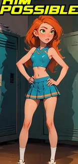 Vibrant red-haired cartoon character in teal outfit by school lockers.