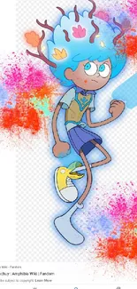 Cartoon character on vibrant colorful background.