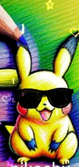 Cartoon character with sunglasses on colorful background.