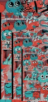 Vibrant cartoon character collage wallpaper with red and turquoise colors.