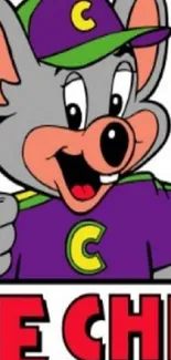 Cartoon mouse in purple outfit gives thumbs up.