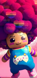 Vibrant cartoon character with an afro on a pink background.