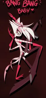 Dynamic cartoon character in red and white on dark background.