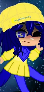 Vibrant cartoon character in blue and yellow outfit against starry sky.