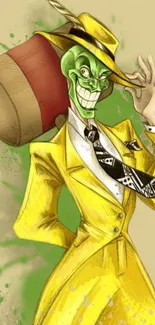 Cartoon character in yellow suit with a green face and playful expression.