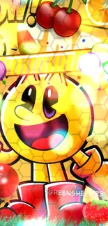 Colorful cartoon character with fruits, vibrant wallpaper.