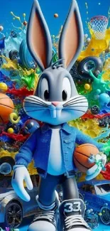 Colorful cartoon character holding basketball with vibrant splash background.