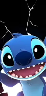 Vibrant cartoon character with blue skin and big eyes on a dynamic background.