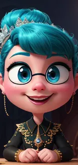 Cartoon girl with blue hair and glasses in whimsical style.