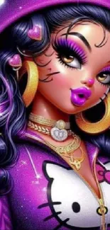 Bright and vibrant cartoon character in purple outfit with stylish accessories.