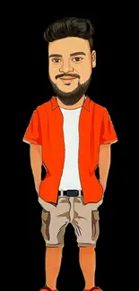 Cartoon character in orange shirt with black background.