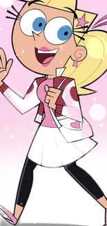 Cartoon character with blonde hair on pink background