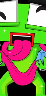 Cartoon character with green body and pink tongue, playful expression.