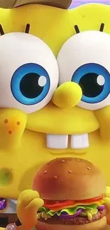 Vibrant cartoon character holding a burger on a colorful mobile wallpaper.