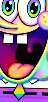 Neon cartoon character with vibrant purple background.