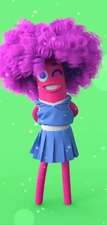 Vibrant cartoon character with pink figure and purple hair on a green background.