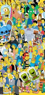 Vibrant cartoon character collage wallpaper with humor and color.