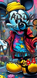 Colorful cartoon mouse in a city background.