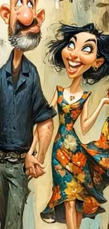 Cheerful cartoon couple walking together in an artistic, colorful design.