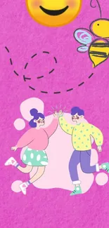 Cartoon couple wallpaper with bee in vibrant pink background.