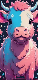 A pink and blue cartoon cow with stars on a mobile wallpaper background.