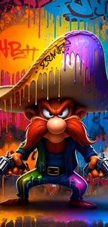 Vibrant cartoon cowboy with graffiti background.